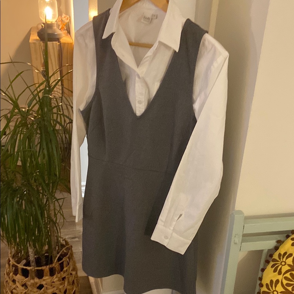 Gray Sleeveless Dress with White Shirt